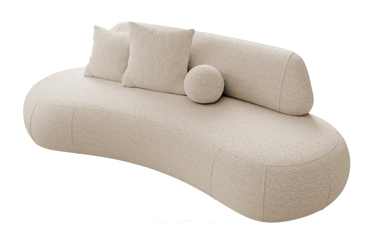 A contemporary, organic-shaped sofa with a curved silhouette. It features a textured boucle upholstery and comes with accent pillows, including two square ones and one spherical one. The design emphasizes soft, rounded edges and a continuous flowing form. — 3D model