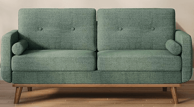 A two-seater sofa with a rectangular silhouette and slightly rounded corners. The sofa features two seat cushions and two back cushions. The back cushions are subtly tufted with two buttons each. It has low-profile arms that curve slightly downwards. A small cylindrical bolster pillow is attached to the right armrest. The base of the sofa is a simple, straight plinth. — 3D model