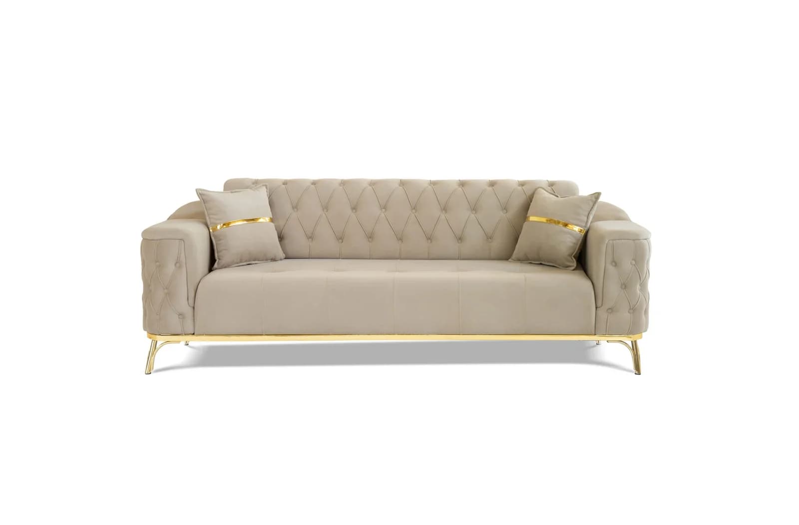 A modern, upholstered sofa featuring a diamond tufted backrest and seat, with plush arms. It includes two accent pillows with gold ribbon detailing. The sofa is supported by slender, gold-finished metal legs and has a minimalist gold base. — 3D model
