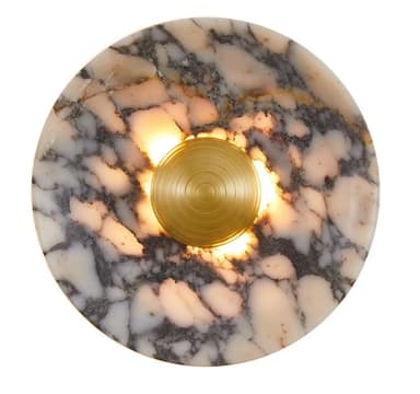A circular wall sconce featuring a polished white and grey veined marble backplate with a central, circular brass element that emits light. The brass element has a subtle concentric ring pattern, acting as a diffuser. The light source creates a warm glow around the brass and against the marble surface. — 3D model