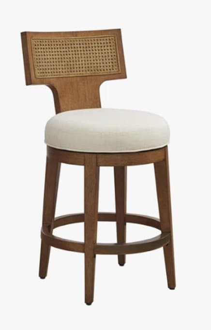 A wooden bar stool with a cane-backed, contoured wooden frame and a cushioned, round seat. The stool features four legs connected by a circular footrest. The backrest is rectangular with a cane insert. — 3D model