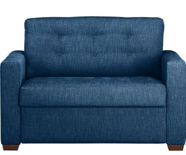 A blue fabric loveseat with button tufting on the backrest, track arms, and short wooden block feet. — 3D model