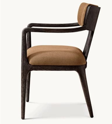 An upholstered dining armchair featuring a dark wood frame with integrated curved armrests and tapered legs. Both the seat and backrest are padded and covered in a warm orange-brown textured fabric. — 3D model