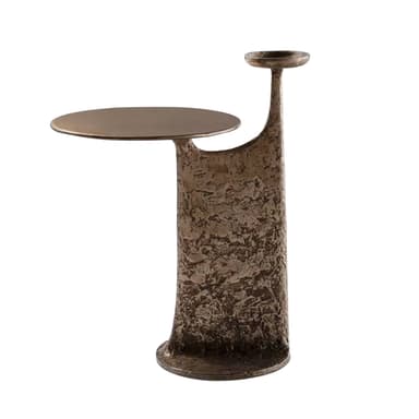A sculptural accent table made of cast metal with a patinated bronze finish. It features a round base, a central textured column, and two circular tabletop surfaces at different heights, creating a unique two-tier design. — 3D model