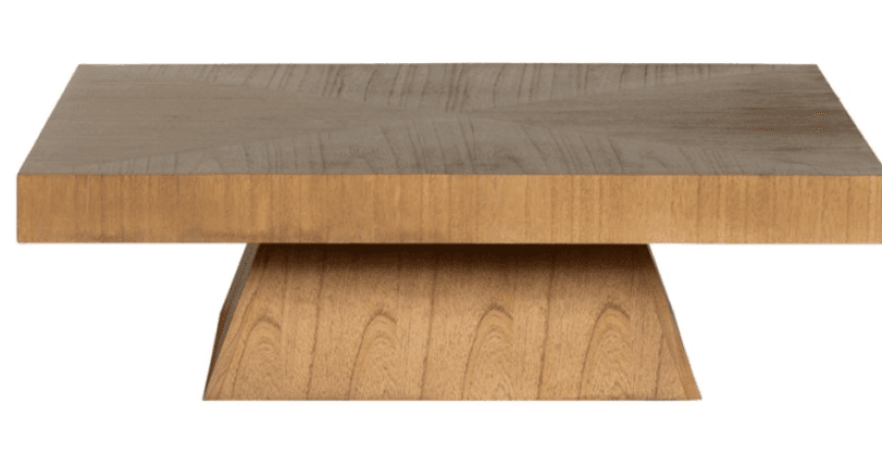 A modern coffee table featuring a square or rectangular top resting on a central, tapered pedestal base, all constructed from wood with a natural finish. The tabletop has a visible wood grain pattern. — 3D model