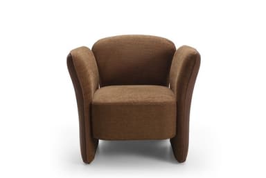 A contemporary upholstered armchair featuring a rounded backrest and integrated armrests that flow down to form the base. The chair is predominantly covered in a textured brown fabric, likely a tweed or boucle. The outer panels of the armrests, from the top down to the floor, are finished in a smoother, slightly darker brown material, possibly faux leather or a contrasting plain fabric, creating a subtle two-tone effect. The design emphasizes comfort with its soft curves and plush appearance, without visible legs. — 3D model