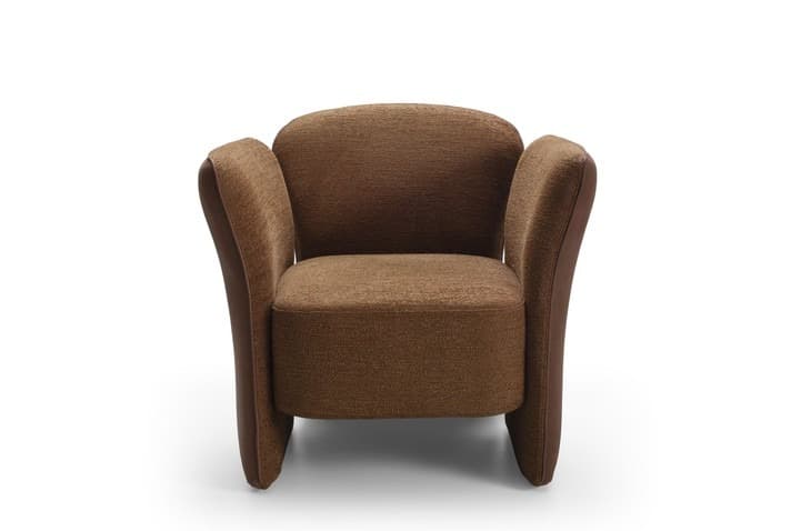 A contemporary upholstered armchair featuring a rounded backrest and integrated armrests that flow down to form the base. The chair is predominantly covered in a textured brown fabric, likely a tweed or boucle. The outer panels of the armrests, from the top down to the floor, are finished in a smoother, slightly darker brown material, possibly faux leather or a contrasting plain fabric, creating a subtle two-tone effect. The design emphasizes comfort with its soft curves and plush appearance, without visible legs. — 3D model