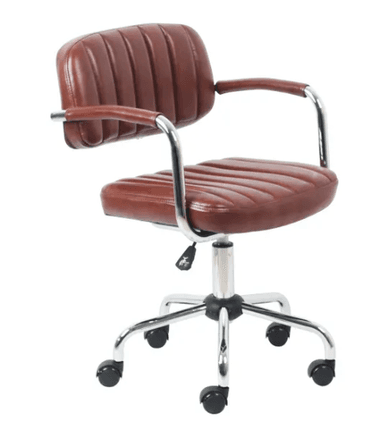 A brown office chair featuring ribbed faux leather upholstery on both the seat and backrest, complemented by padded armrests. The chair is supported by a five-star chrome base equipped with black casters, allowing for mobility. It also includes a gas lift mechanism for height adjustment. — 3D model