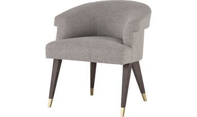 An armchair with a curved backrest and a fabric upholstery. The chair has four tapered wooden legs with brass-colored ferrules at the base of each leg. — 3D model