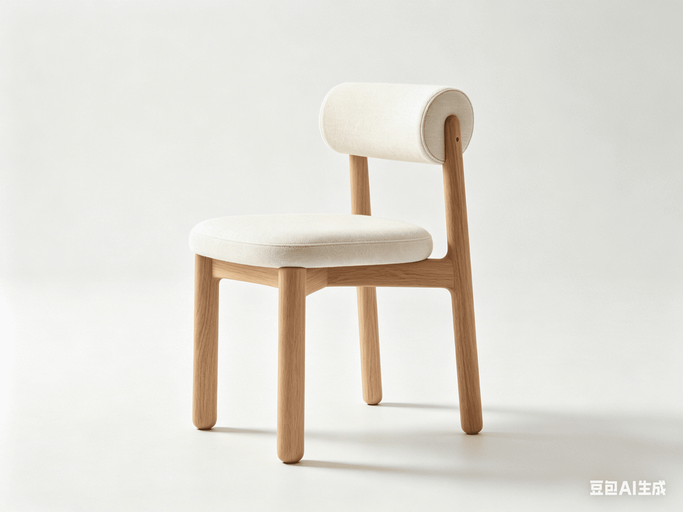 A modern dining chair with a solid wood frame and upholstered seat and backrest. The frame is constructed from light-colored wood, likely oak or ash, with rounded edges and legs. The seat and backrest are padded and covered in a textured, light beige fabric. The backrest has a distinctive cylindrical shape. — 3D model