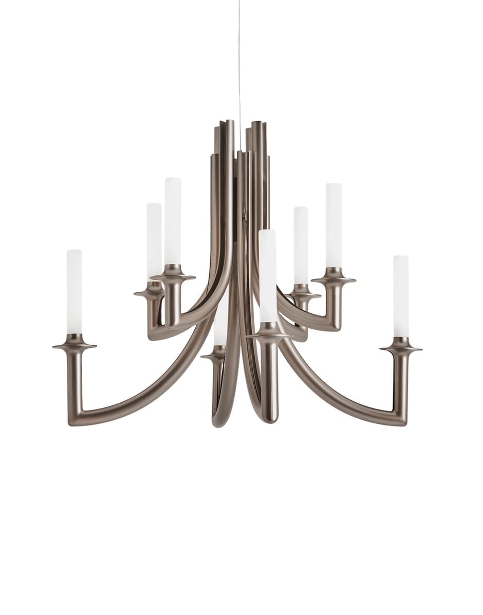 A multi-armed chandelier with a brushed metal finish and candle-style light fixtures. The arms are curved and extend outwards from a central cluster of vertical tubes. Each arm terminates in a frosted cylindrical light cover resembling a candle. — 3D model