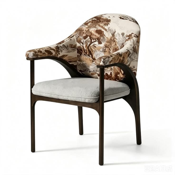 A transitional style accent armchair featuring a dark-stained wooden frame and dual upholstery. The seat cushion is upholstered in a light, textured fabric, while the curved backrest and integrated armrests are covered in a brown and beige toile-patterned fabric depicting a scenic landscape. — 3D model