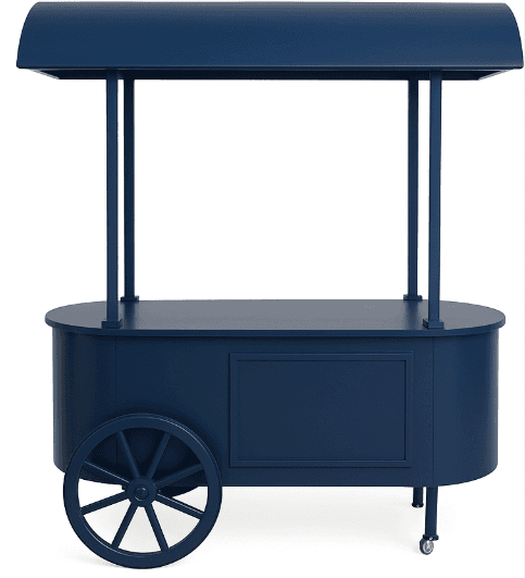A dark blue wheeled cart with a canopy top. It has an oval-shaped body with a flat top surface. Two vertical supports connect the body to the canopy. One large wheel with spokes is visible on the left side, and a smaller caster wheel is visible on the right side. The front panel has a recessed rectangular area. The cart appears to be designed for serving or display. — 3D model
