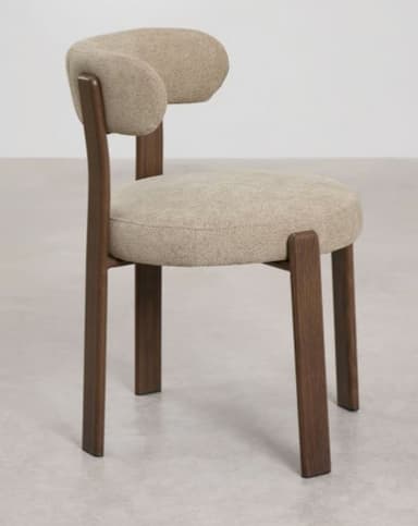 A modern upholstered chair with a wooden frame. The chair features a curved backrest and a round seat, both upholstered in a textured beige fabric. The frame, composed of four legs and supporting structures for the seat and backrest, is made of dark wood with a visible grain. — 3D model