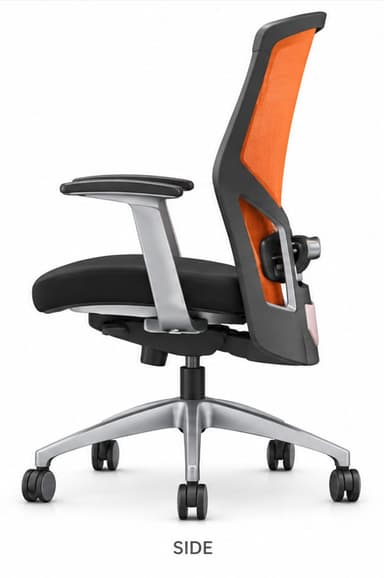 A modern ergonomic office chair featuring a vibrant orange mesh backrest, a padded black fabric seat, and adjustable armrests. It is supported by a silver-finished five-star base with casters for mobility. — 3D model