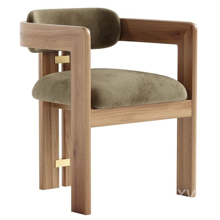 A contemporary dining armchair featuring a solid light-toned wooden frame, likely oak, with a plush olive green velvet upholstered seat and backrest. The frame exhibits clean, geometric lines with gently rounded edges, and subtle brass accent details are visible on the inner rear legs. — 3D model