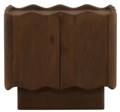 A contemporary dark brown wooden cabinet featuring distinctive wavy edges along the top and bottom surfaces. It has two vertically oriented doors that open to reveal storage space. The cabinet is supported by a recessed plinth base, creating a floating effect. The overall design emphasizes smooth curves and a rich, textured wood grain. — 3D model