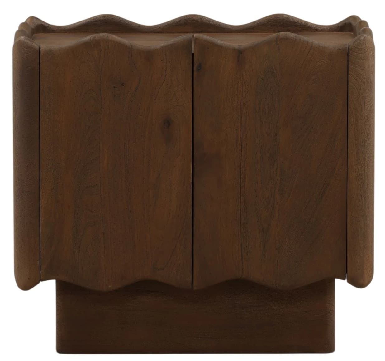 A contemporary dark brown wooden cabinet featuring distinctive wavy edges along the top and bottom surfaces. It has two vertically oriented doors that open to reveal storage space. The cabinet is supported by a recessed plinth base, creating a floating effect. The overall design emphasizes smooth curves and a rich, textured wood grain. — 3D model