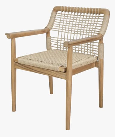 A natural wood armchair featuring a square-profile wooden frame with rounded armrests. The seat and backrest are constructed from tightly woven, light-toned rope or cord, creating a breathable, open pattern. The wooden elements appear to be teak or a similar light-colored hardwood, exhibiting a smooth, matte finish. The chair has a simple, clean design with four straight legs. — 3D model