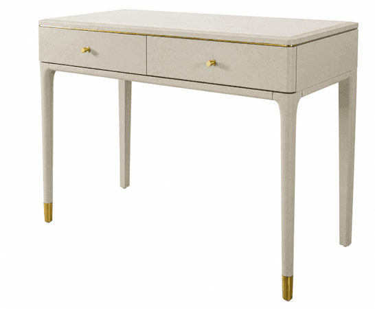 An elegant contemporary console table featuring a light greige textured finish, two functional drawers with brass pulls, and slender tapered legs accented with brass caps and a brass trim along the tabletop edge. — 3D model