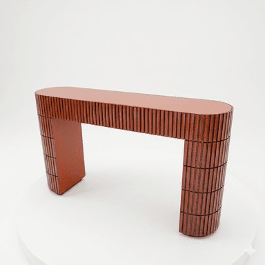 A console table with an organically curved top and a U-shaped base. The piece features a textured surface on the exterior of the base and the edges of the top, constructed from vertically aligned rectangular elements. The main body of the top and the interior of the base are finished in a solid, glossy reddish-brown color. — 3D model