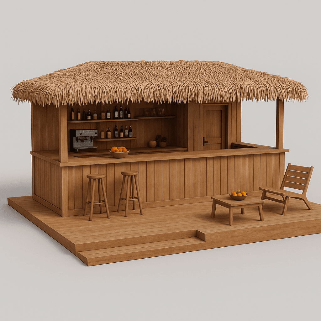 A freestanding, wooden bar structure with a thatched roof. The bar features a counter with shelving for liquor bottles and a coffee machine. Two wooden stools are positioned in front of the counter. A small wooden table and chair are situated on a raised wooden deck platform leading to the bar. The overall style evokes a tropical or beach setting. — 3D model