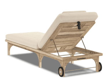 An outdoor chaise lounge featuring a natural light-toned wooden frame and thick cream-colored cushions. The backrest is adjustable via a metal mechanism, allowing for various reclining positions. It includes a small, rectangular headrest pillow. Two wheels are integrated into the frame at the head end for easy mobility, while the foot end rests on four sturdy legs with an arched design. The overall aesthetic is clean and functional, suitable for outdoor relaxation. — 3D model