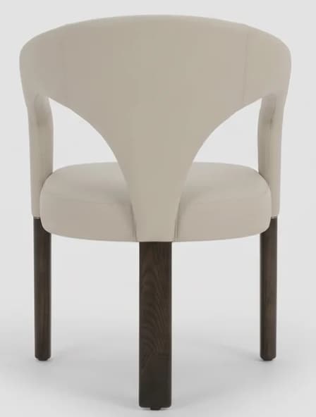 A contemporary armchair featuring a distinctive curved, upholstered backrest that flows seamlessly into integrated armrests. The seat is also upholstered, and the chair is supported by four dark, tapered wooden legs. The overall aesthetic is modern and sleek, with a neutral color palette. — 3D model