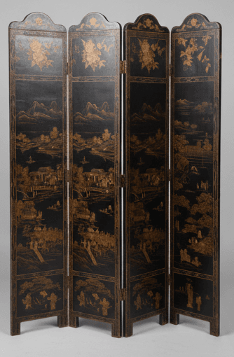 A four-panel folding screen, dark brown in color, with a distressed finish. Each panel is rectangular with a scalloped top edge. The panels are joined by visible metal hinges, suggesting they can be folded for storage or to change configuration. The surface shows some wear, including scuffs and lighter markings, particularly on the front panels. It appears to be constructed from wood or a wood composite. — 3D model