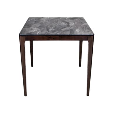 A square table featuring a grey marbled top supported by four dark brown tapered wooden legs. The design is minimalist and modern. — 3D model