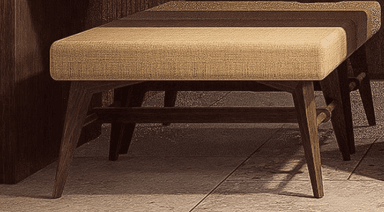 A rectangular bench with a upholstered seat and wooden legs. The legs are angled outwards and connected by a crossbar. The upholstery fabric appears to be a textured, woven material. — 3D model