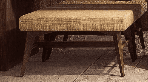 A rectangular bench with a upholstered seat and wooden legs. The legs are angled outwards and connected by a crossbar. The upholstery fabric appears to be a textured, woven material. — 3D model