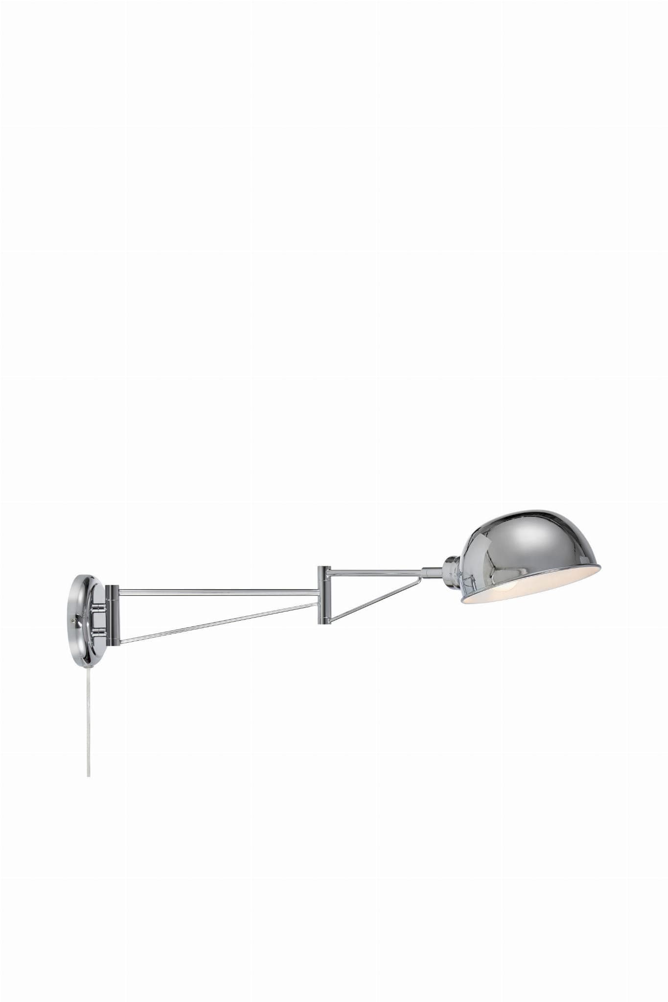 A polished chrome wall-mounted lamp with an articulated arm. The lamp features a parabolic shade and a base plate for wall attachment. It includes a visible cord for power. — 3D model