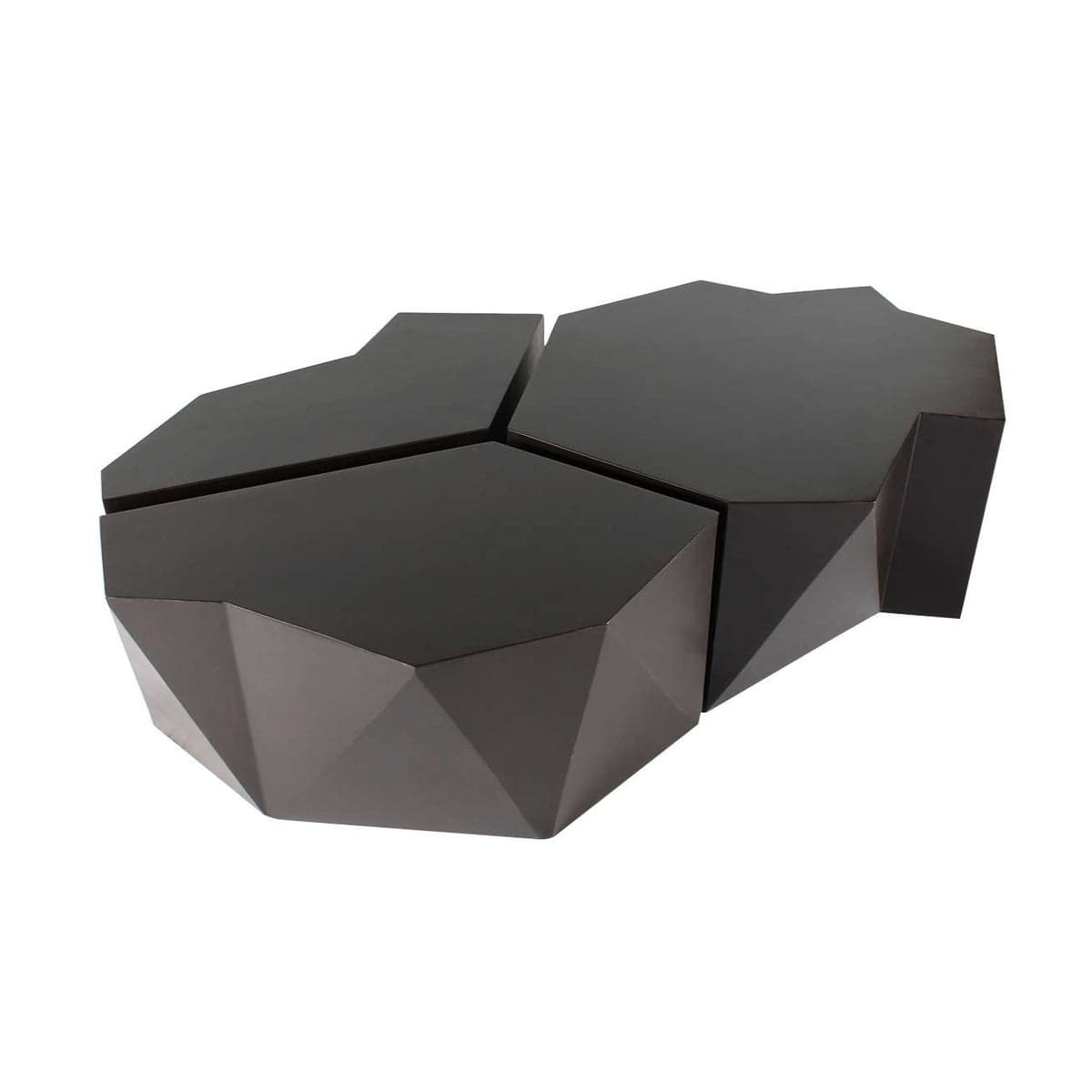 A dark, multi-part coffee table featuring a geometric, faceted design composed of multiple polygonal units. — 3D model