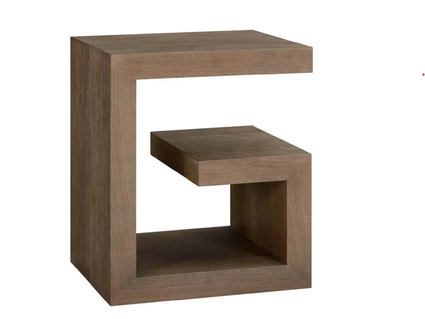 A modern end table with a unique C-shaped structure. It features a solid top surface and a lower shelf, both appearing to be constructed from a single piece of material that wraps around. The design creates an open-concept lower storage area. — 3D model