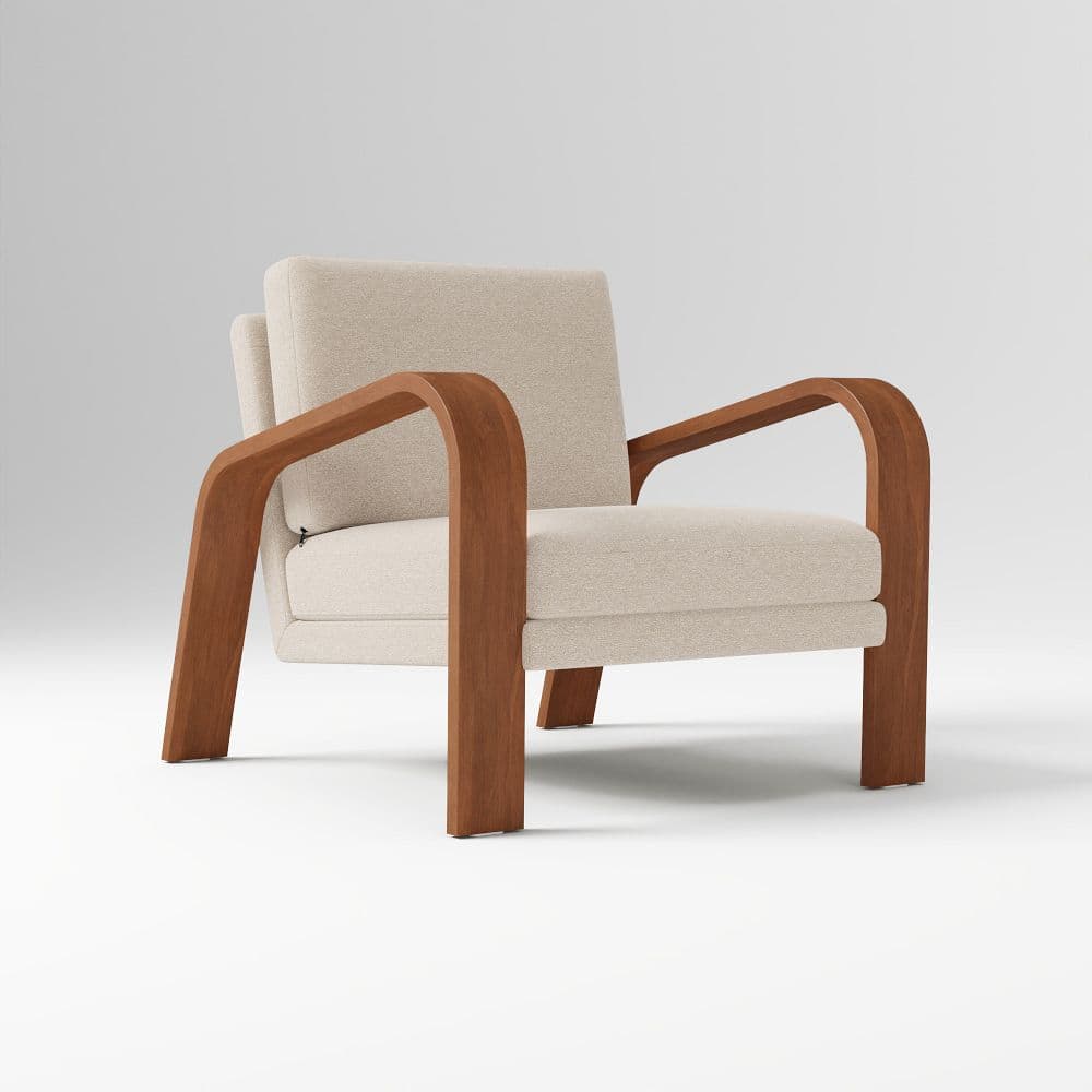 A modern armchair featuring a striking bentwood frame and upholstered cushions. The chair has a clean, minimalist design with a medium-toned wooden structure forming the arms and legs, supporting a light beige/cream fabric seat and backrest. — 3D model