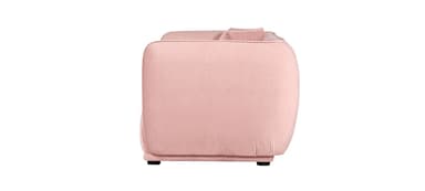 A two-seater sofa upholstered in a textured pink fabric. It features rounded armrests and back cushions, with two square throw pillows placed on top of the backrest. The sofa has a low profile with dark, almost invisible feet. — 3D model