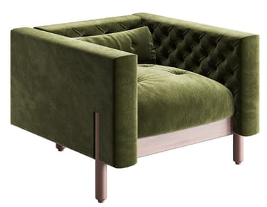 A modern armchair upholstered in deep olive green velvet. The chair features a boxy silhouette with deep button tufting on the interior backrest and side panels. It includes a plush seat cushion and a matching rectangular lumbar pillow. The chair rests on an exposed, light-toned wooden base frame, from which four slender, tapered cylindrical metal legs extend, appearing to have a bronze or copper finish. — 3D model