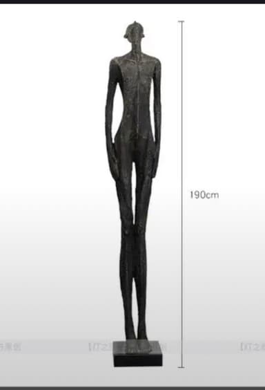 A tall, slender, abstract figurative sculpture depicting a human-like form with an elongated body and a head tilted upwards, crafted from a dark, textured material and mounted on a minimalist rectangular base. — 3D model