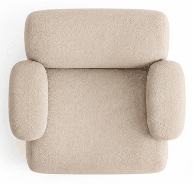 A modern upholstered armchair featuring soft, rounded contours and distinctive sculptural wooden elements. The chair is covered in a light beige, textured fabric, likely boucle, and includes separate rounded armrest cushions that rest on a vertical, dark wood panel. The overall aesthetic is plush and contemporary, supported by small, rounded wooden feet. — 3D model