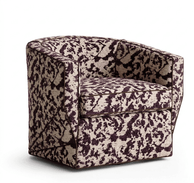 A modern upholstered tub chair featuring a striking abstract patterned fabric in cream and deep purple. It has a rounded, enveloping form with a high back and arms, accented by precise piping. A distinctive external metallic frame in a bronze or brass tone wraps around the sides and back, forming a geometric lattice. The chair sits on a recessed base, giving it a low profile. — 3D model