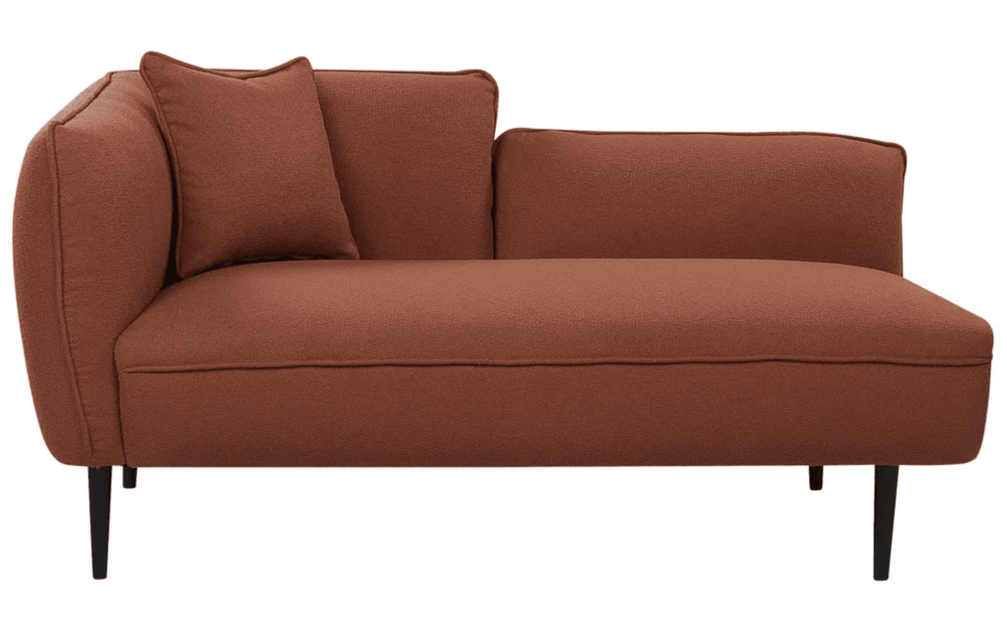 A compact, modular sofa with a chaise longue extension. It features a textured fabric upholstery and slender, dark-colored legs. The design incorporates a single seat cushion and backrests, with an additional throw pillow for enhanced comfort. The sofa has a low profile and a modern aesthetic. — 3D model