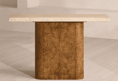 A contemporary console table featuring a rectangular top crafted from light beige travertine stone, supported by a substantial, singular oval-shaped pedestal base made of wood with a distinctive burled veneer finish in warm brown tones. The design emphasizes natural materials and clean, minimalist lines. — 3D model