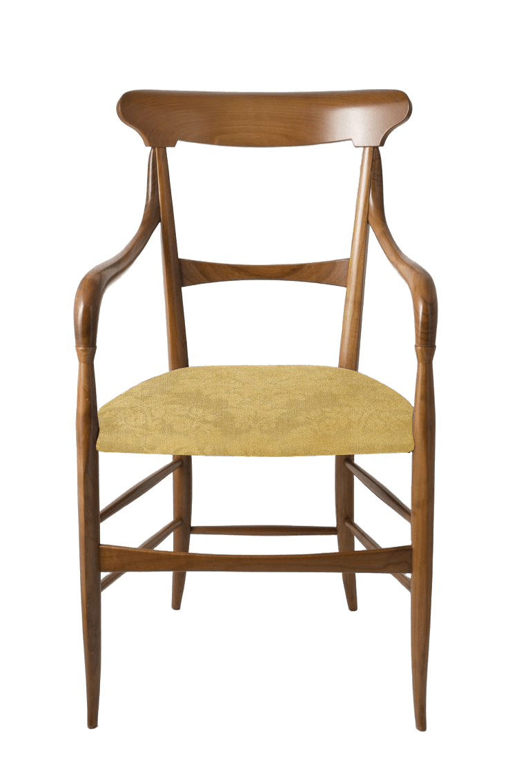 A wooden armchair with a cushioned seat. The chair features a curved backrest with a central horizontal support and gracefully curved armrests that extend from the back legs. The seat is upholstered in a textured yellow fabric with a subtle pattern. The legs are tapered and splayed. — 3D model