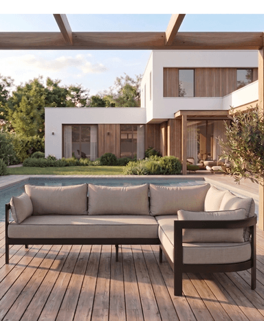 An L-shaped sectional sofa featuring a dark-colored metal frame and light beige fabric cushions. The design is modern and minimalist, with clean lines and integrated armrests. The cushions have distinct darker piping. — 3D model