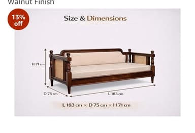A traditional wooden daybed or diwan, featuring a dark stained wood frame, intricate cane webbing on the side panels, and a partially upholstered backrest. It is equipped with turned wooden legs and decorative finials, topped with a light-colored, plush mattress cushion. — 3D model