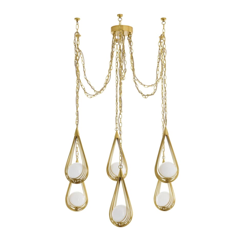 A multi-tiered chandelier featuring a central canopy from which several gold-toned chains descend. Each chain supports a teardrop-shaped metal frame encasing two opaque white globes. The arrangement creates a cascade effect with multiple light sources. — 3D model