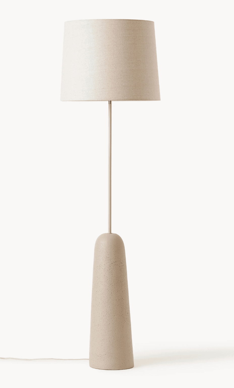 A modern floor lamp with a conical, textured base and a cylindrical fabric lampshade. — 3D model