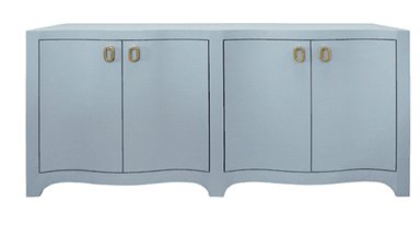 A light blue credenza featuring a textured, possibly faux shagreen, finish. It has four cabinet doors, each fitted with a distinct oval brass pull handle. The base of the credenza is characterized by a decorative scalloped design. — 3D model