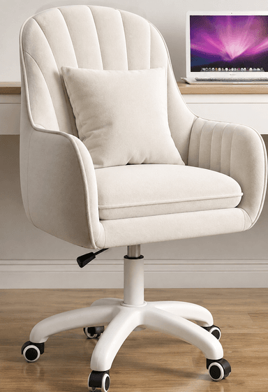 A modern upholstered office chair featuring a high, slightly winged backrest with vertical channel tufting, integrated curved armrests, and a plush seat cushion. It is supported by a white five-star base equipped with black casters for mobility and a swivel mechanism. A small square throw pillow matches the chair's light-colored fabric upholstery. — 3D model